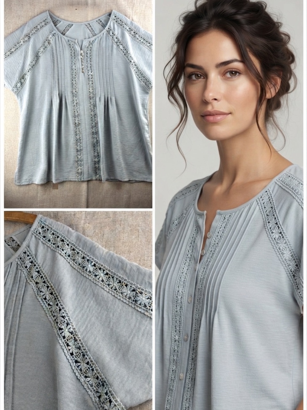 Womens Embroidered Floral Dusty Blue Gray Light Peasant Shirt Boho Cottagecore L
